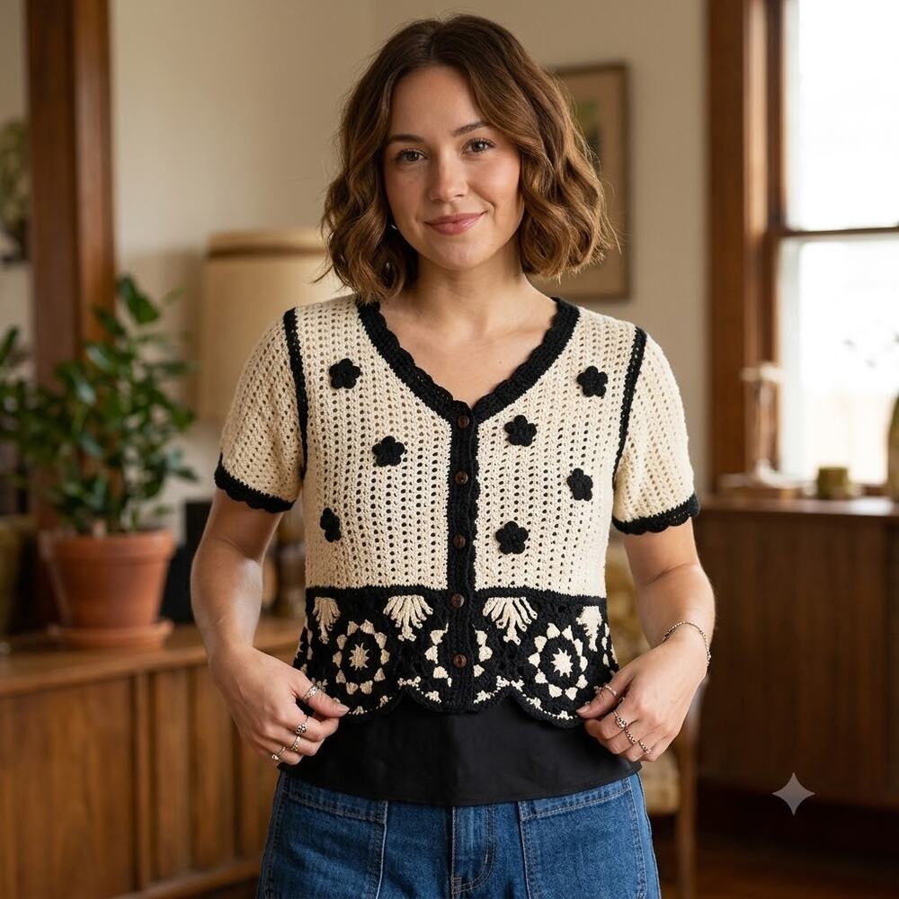 Crochet Knit Vest Floral Sleeveless Cardigan Retro V-Neck Button Down Crop Top